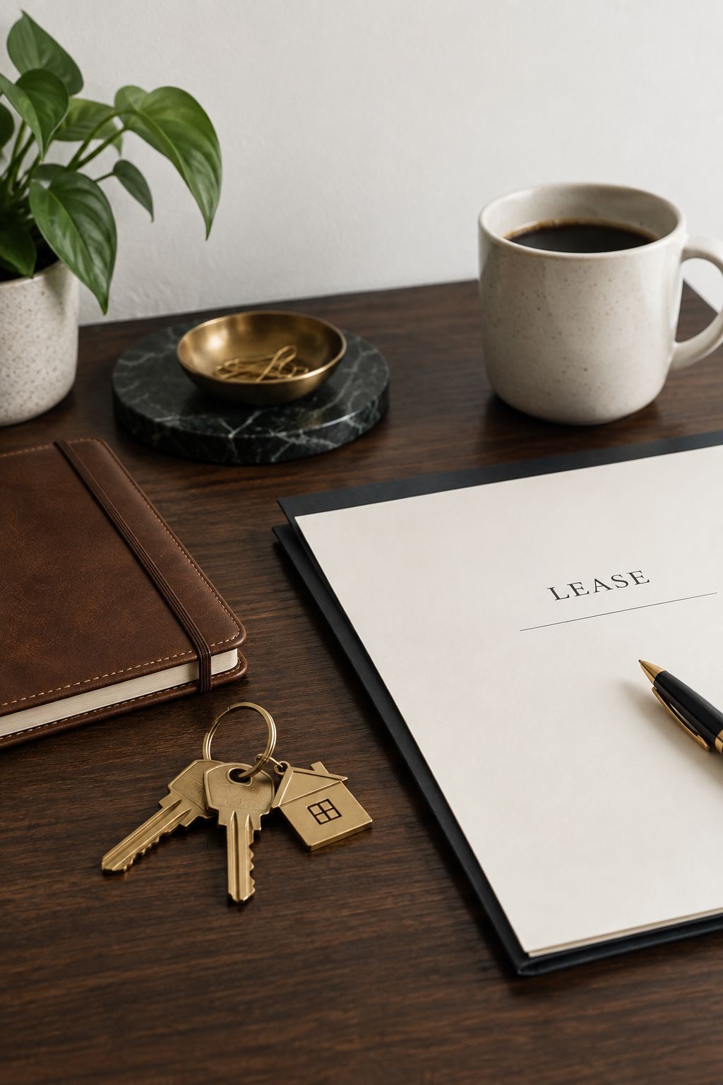 A desk with house keys, a notebook and a folder, illustrative