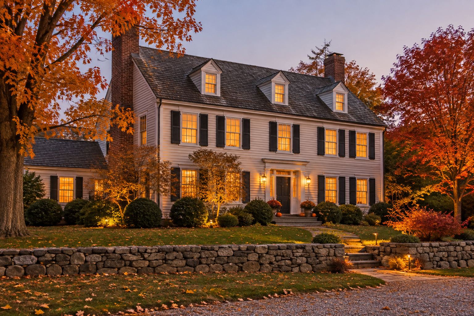 A brick traditional home at dusk, illustrative