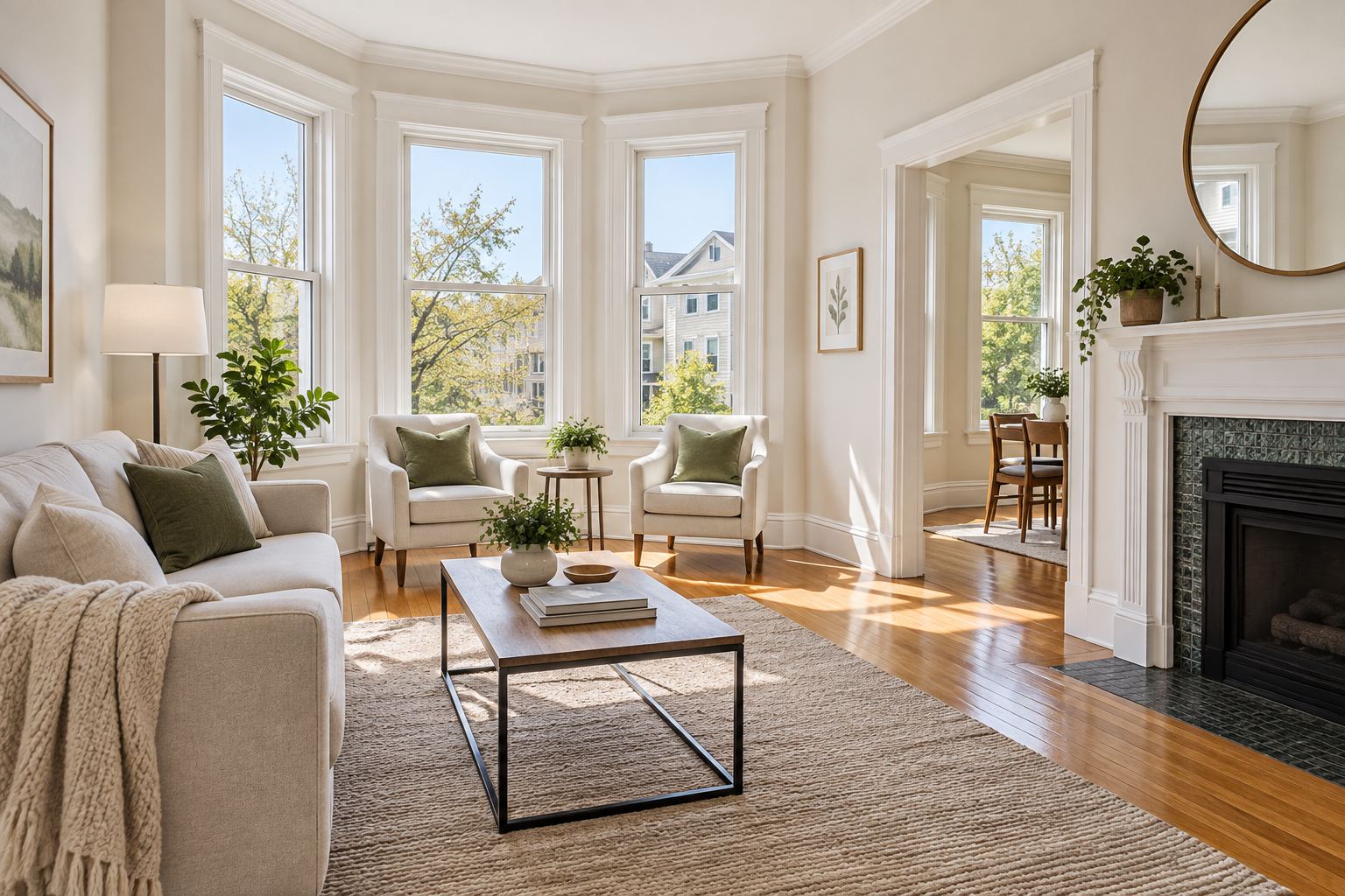 A bright New England living room, illustrative